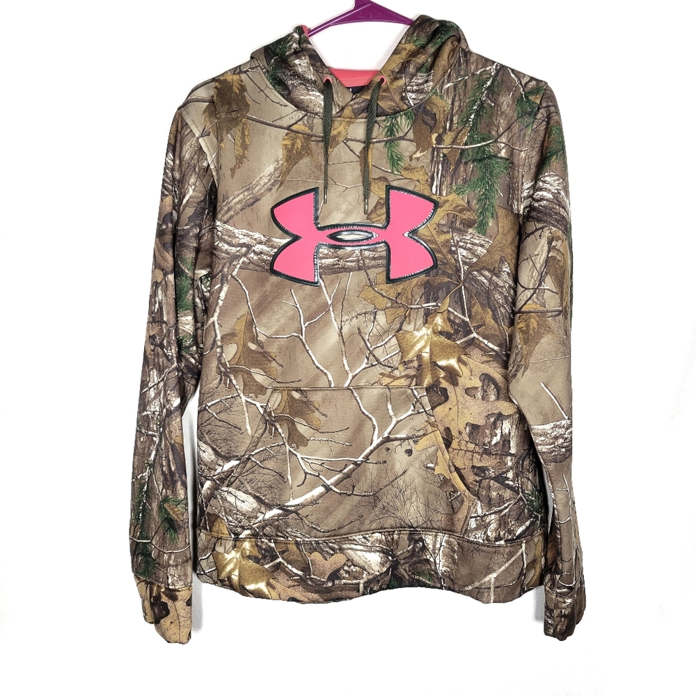 Under Armour camo sweatshirt hoodie pink logo women's M medium semi-fitted